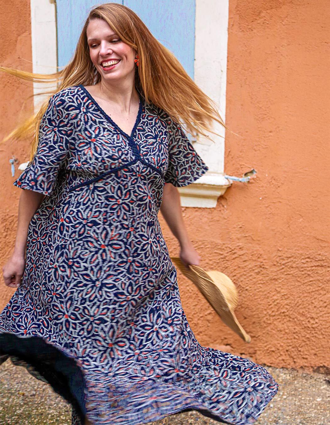 Robe longue évasée gaze de coton bio imprimé La Fiancée