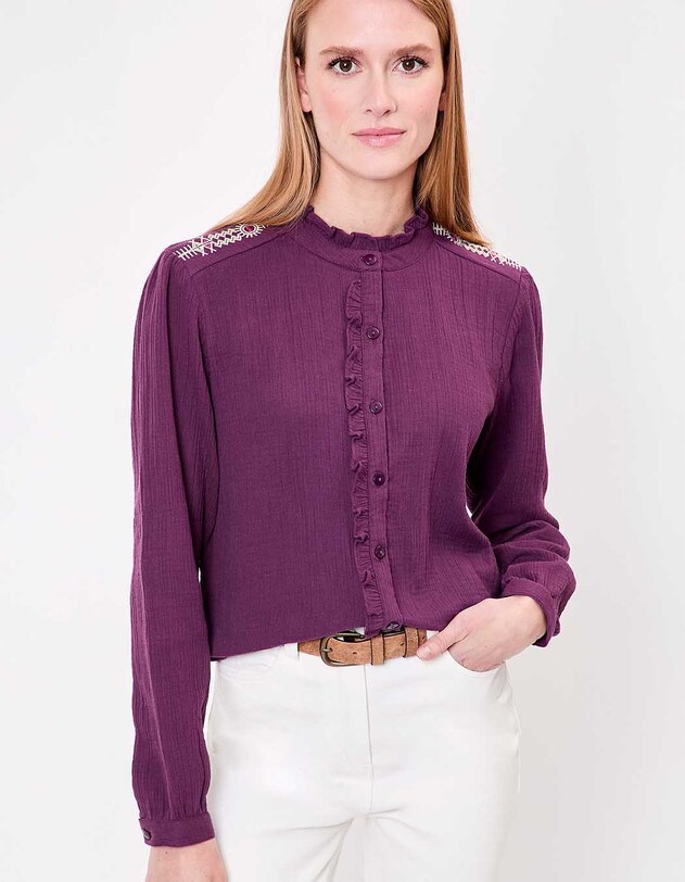 Chemise volant&eacute;e brod&eacute;e gaze de coton bio imprim&eacute; La Fianc&eacute;e