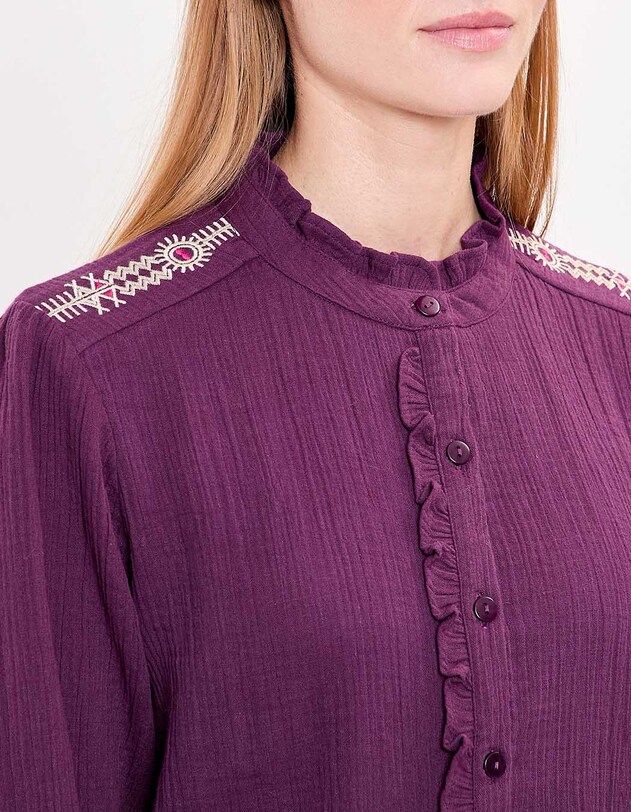 Chemise volant&eacute;e brod&eacute;e gaze de coton bio imprim&eacute; La Fianc&eacute;e