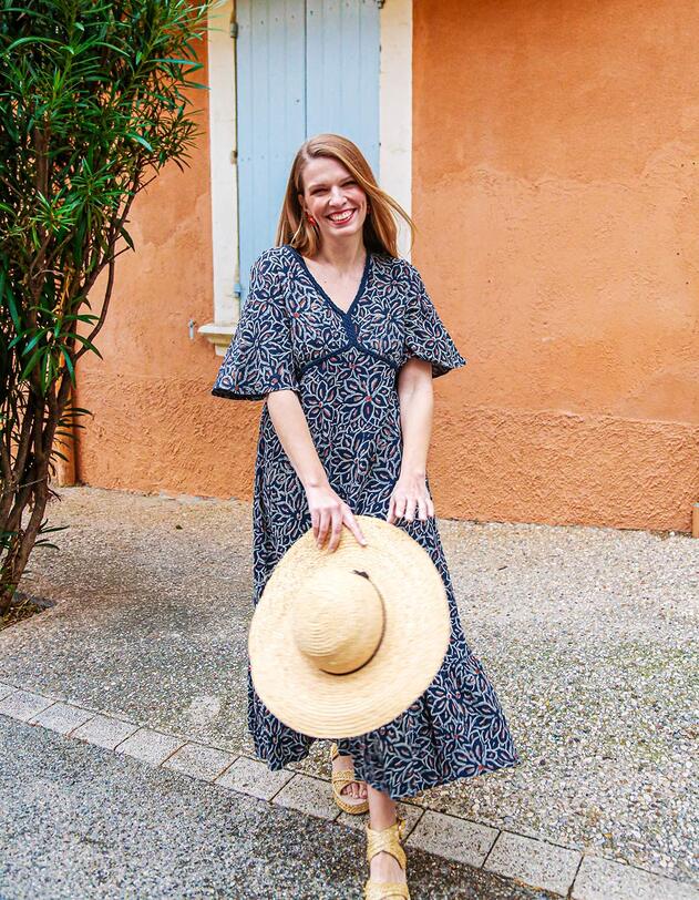 Robe longue &eacute;vas&eacute;e gaze de coton bio imprim&eacute; La Fianc&eacute;e