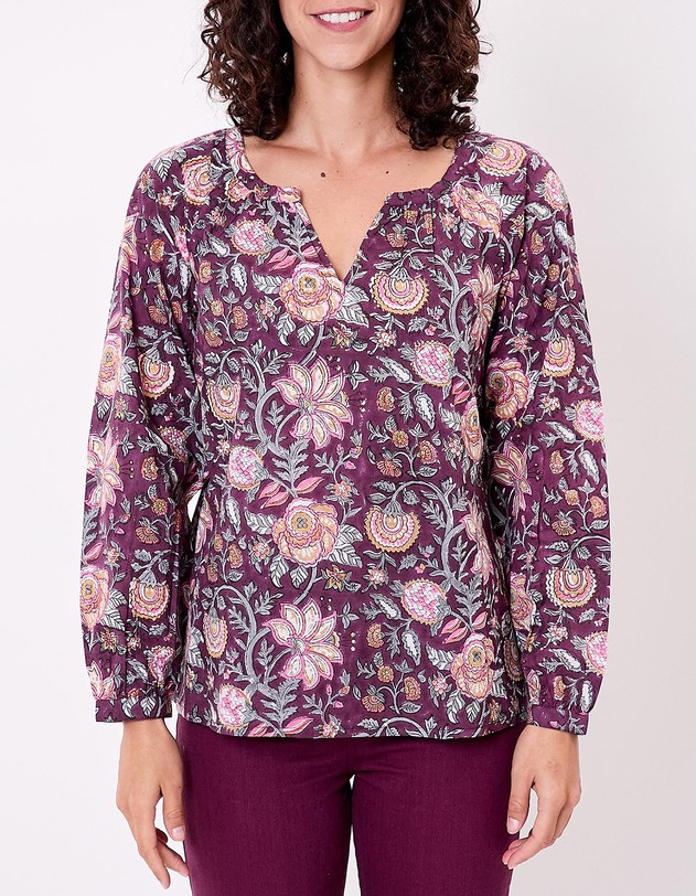 Blouse coton &eacute;vas&eacute;e manches longues imprim&eacute; La Fianc&eacute;e