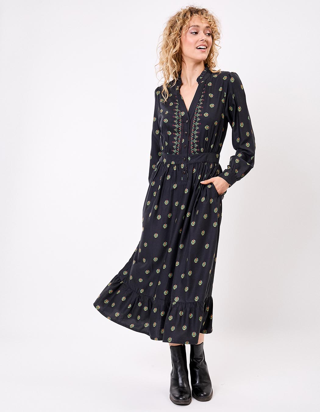 Robe midi fluide volants imprimé La Fiancée