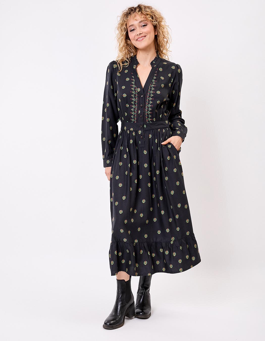 Robe midi fluide volants imprimé La Fiancée