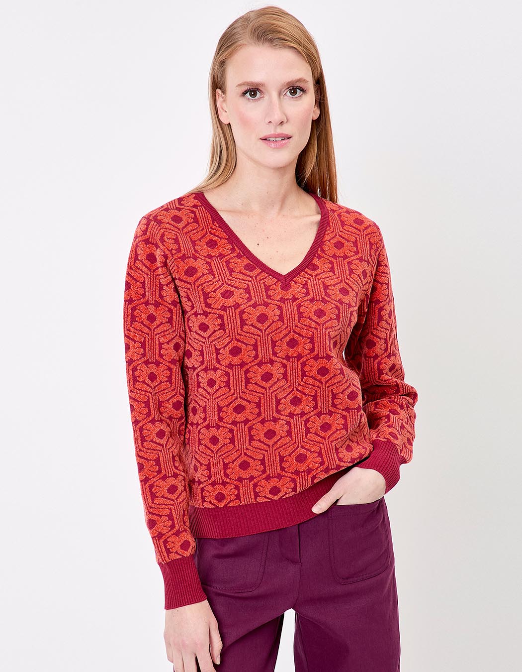 Pull col V maille jacquard imprimé Princesse Nomade
