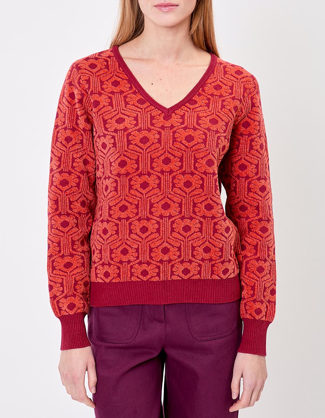 Pull col V maille jacquard imprimé Princesse Nomade