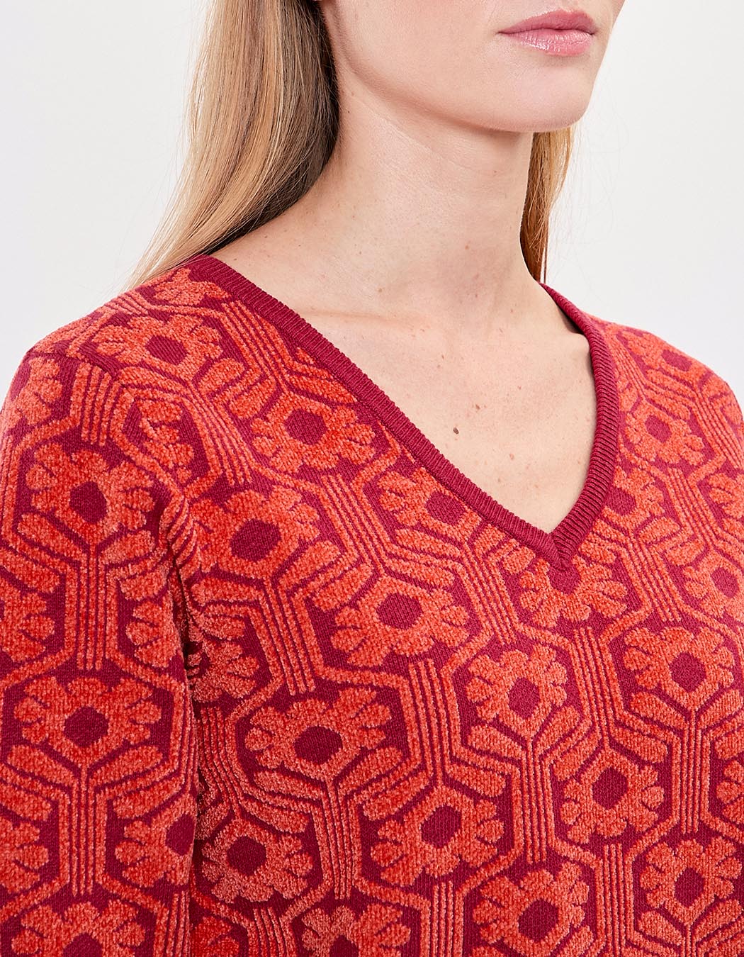 Pull col V maille jacquard imprimé Princesse Nomade