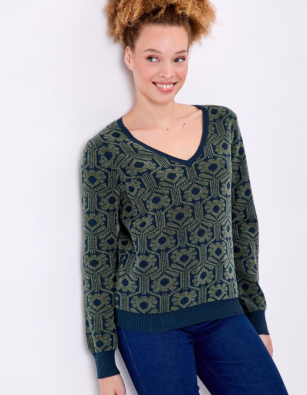 Pull col V maille jacquard imprimé Princesse Nomade