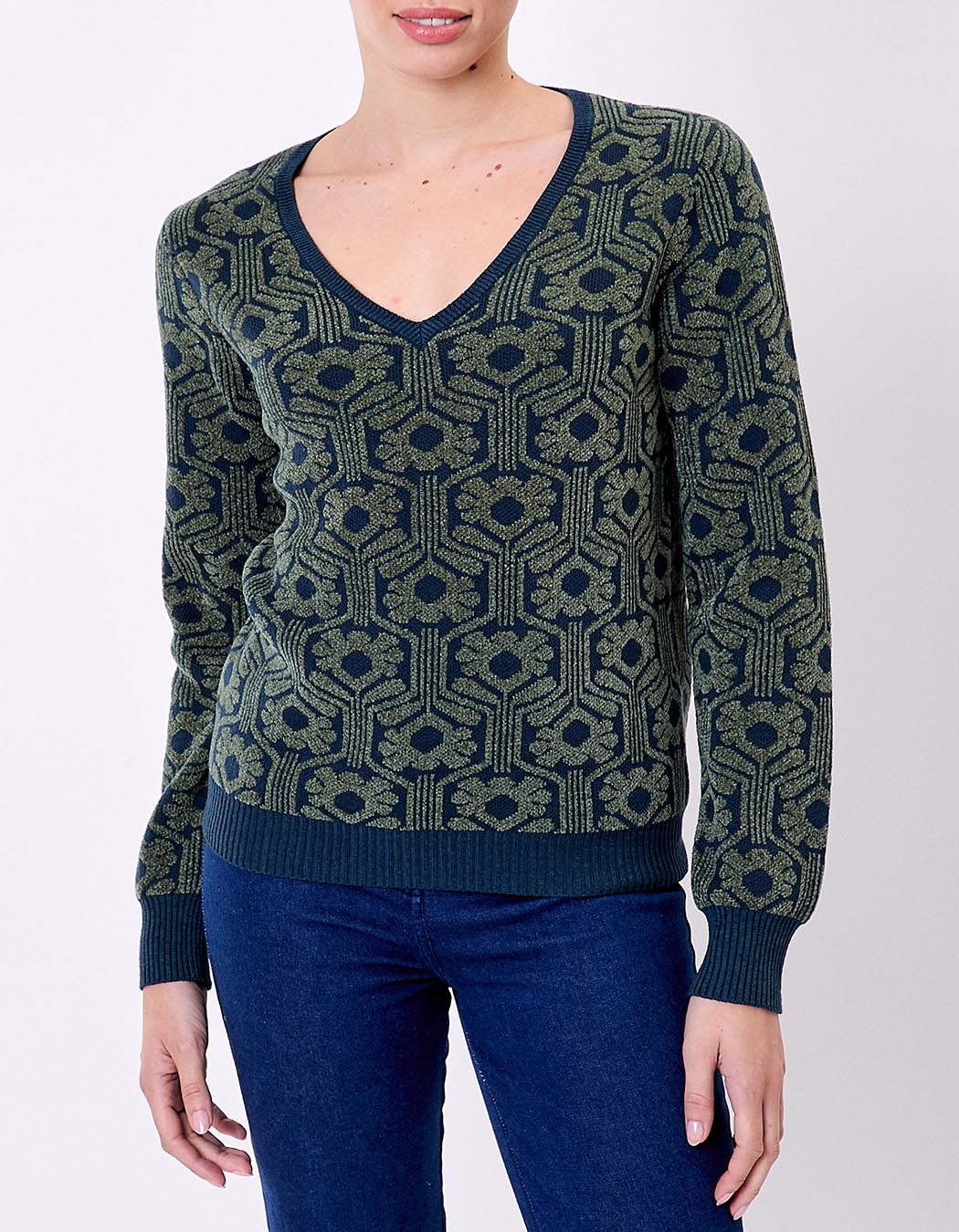 Pull col V maille jacquard imprimé Princesse Nomade