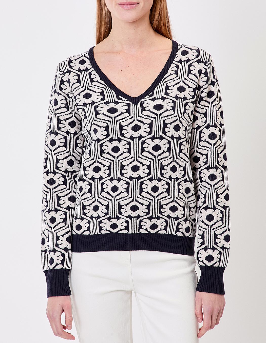 Pull col V maille jacquard imprimé Princesse Nomade