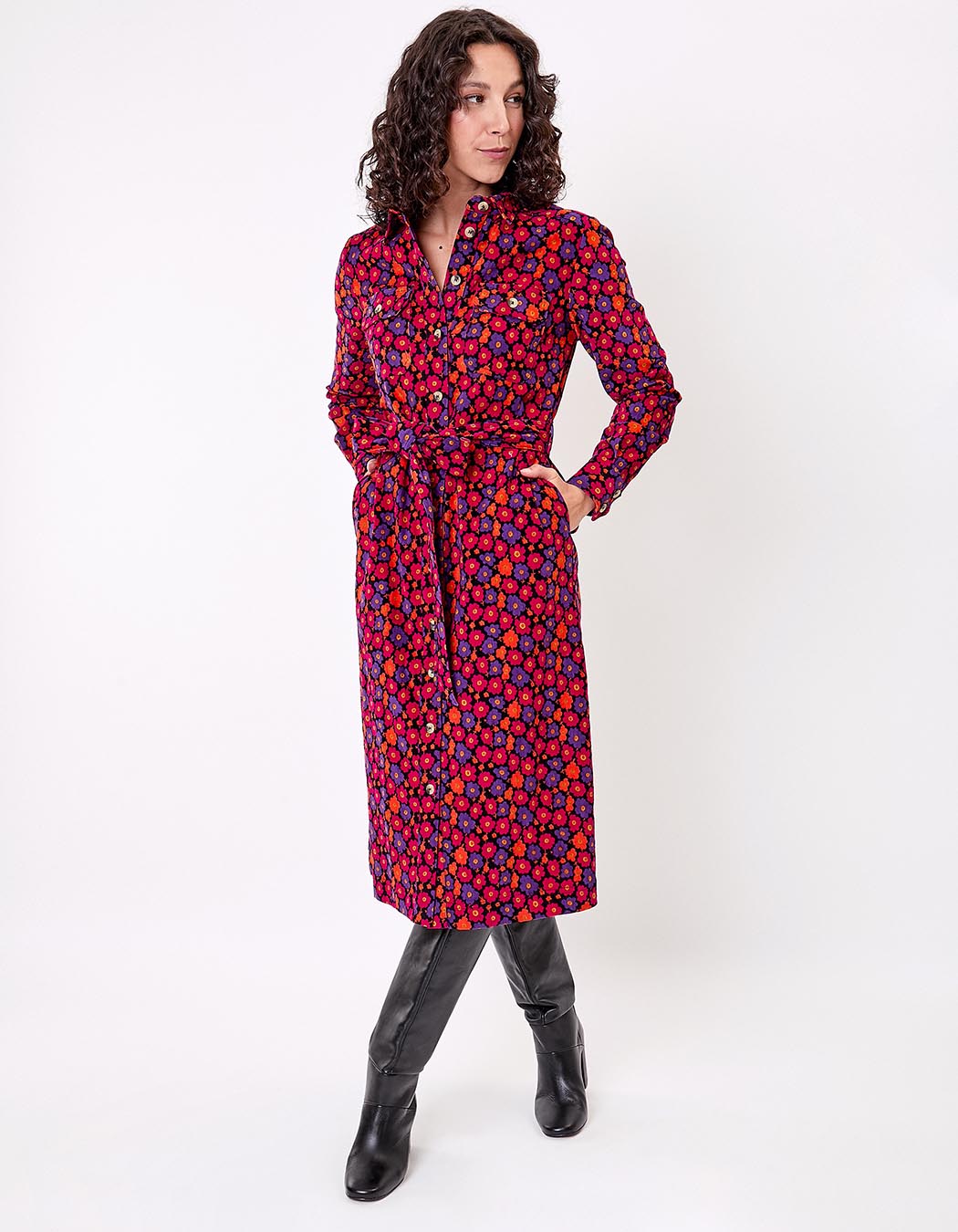 Robe midi chemisier velours côtelé imprimé Princesse Nomade