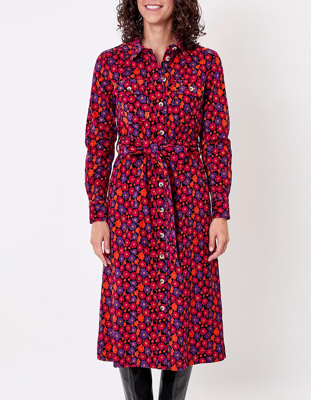 Robe midi chemisier velours côtelé imprimé Princesse Nomade