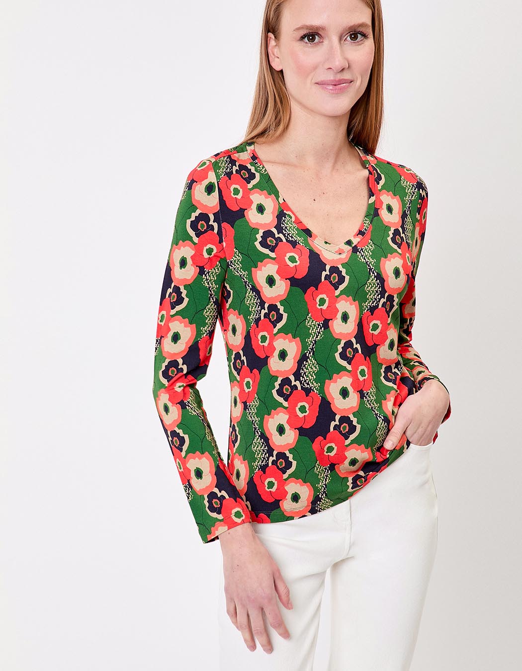 T-shirt maille fluide col V imprimé Princesse Nomade