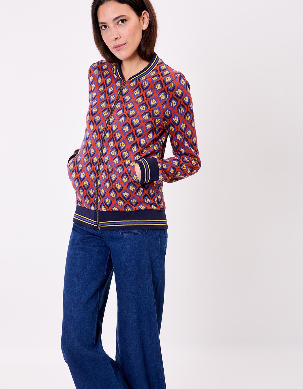 Blouson teddy maille jacquard bio imprimé Princesse Nomade