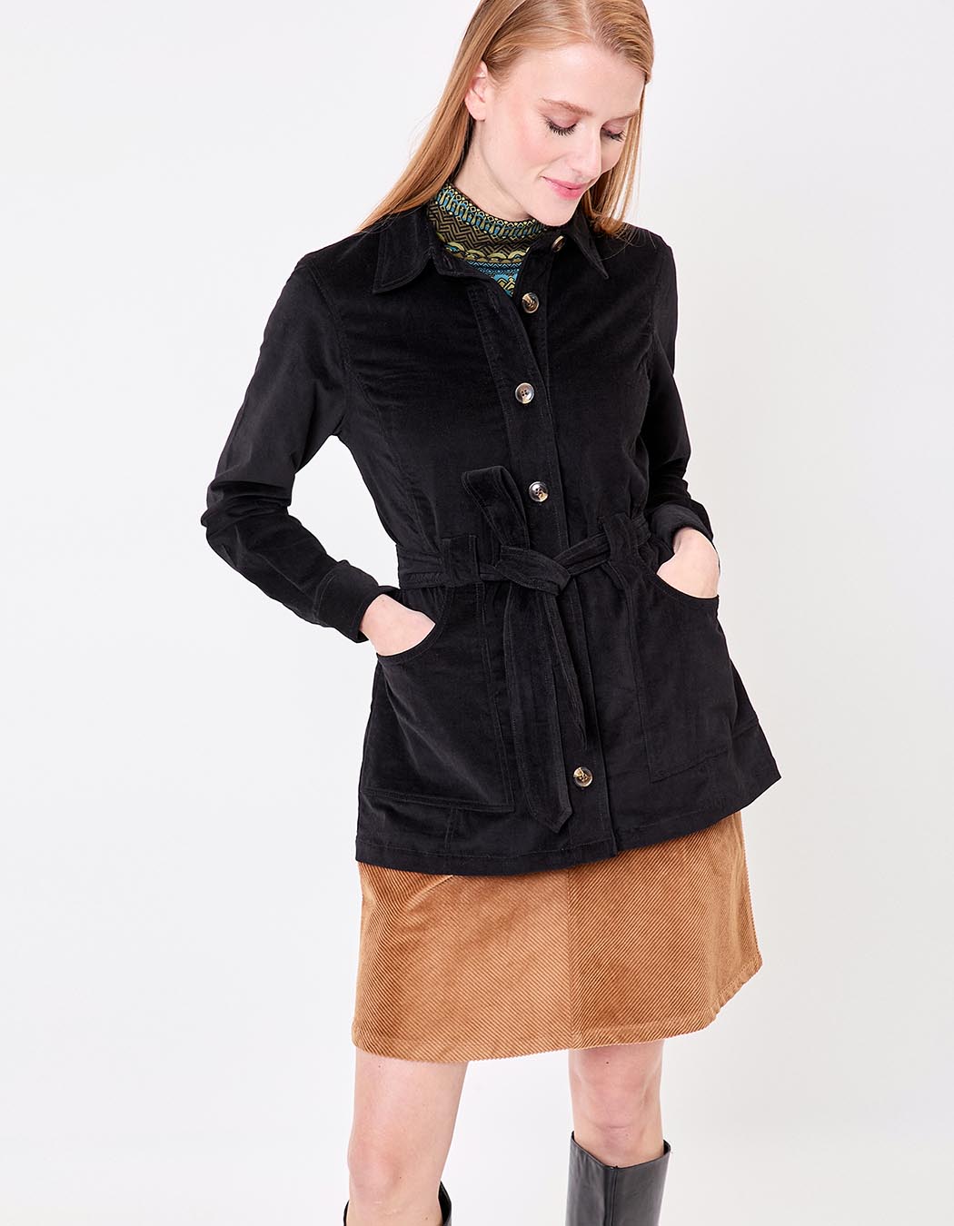 Veste mi-longue ceinturée velours côtelé imprimé Princesse Nomade