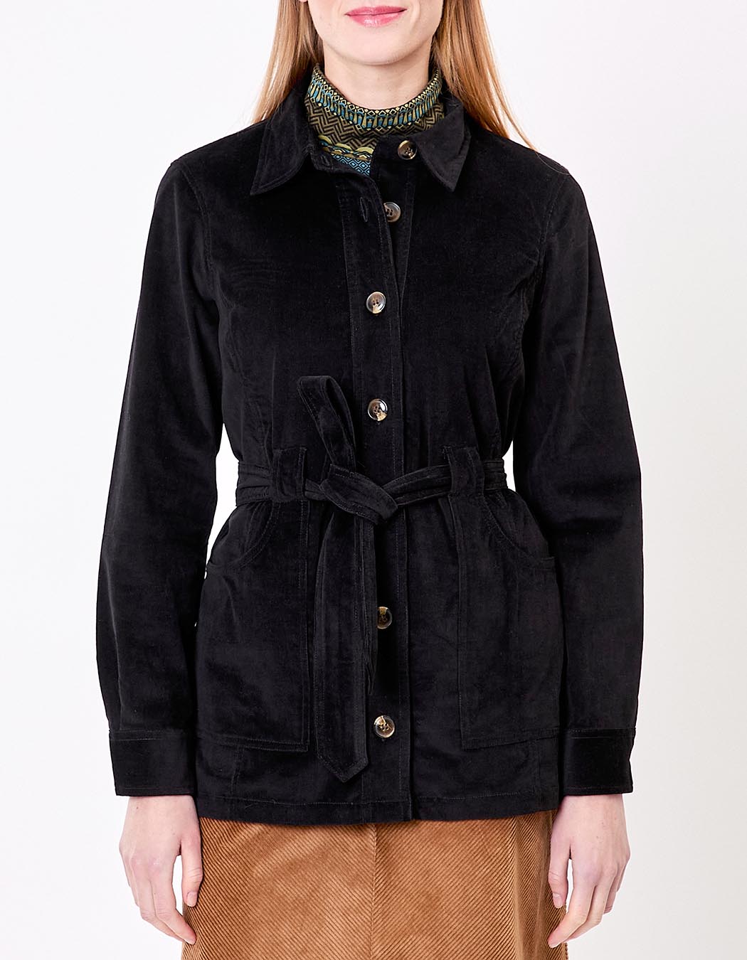 Veste mi-longue ceinturée velours côtelé imprimé Princesse Nomade