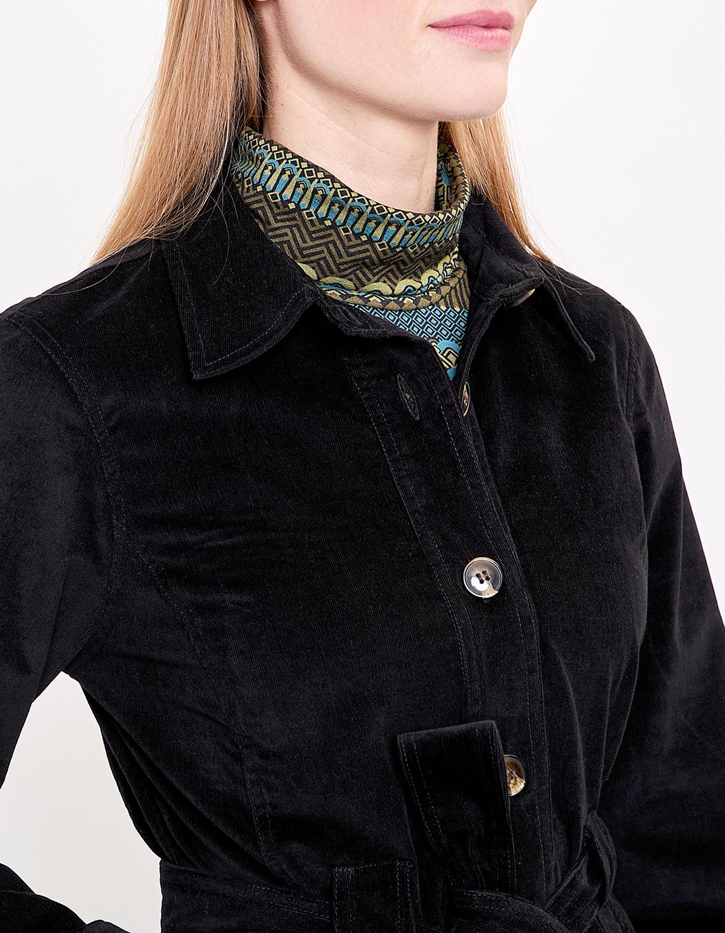 Veste mi-longue ceinturée velours côtelé imprimé Princesse Nomade
