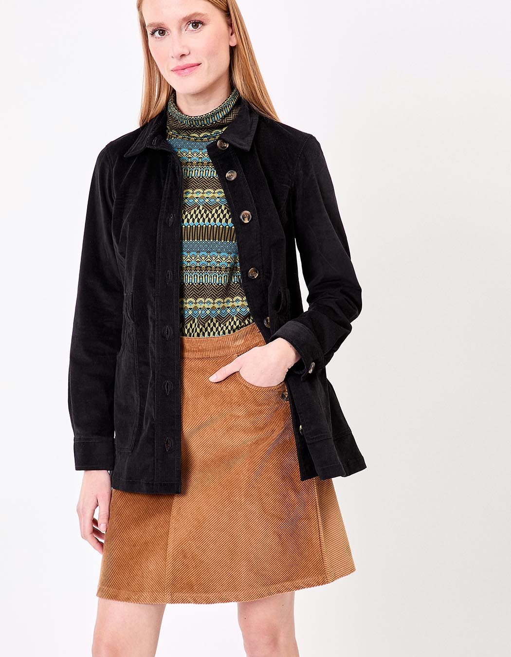 Veste mi-longue ceinturée velours côtelé imprimé Princesse Nomade