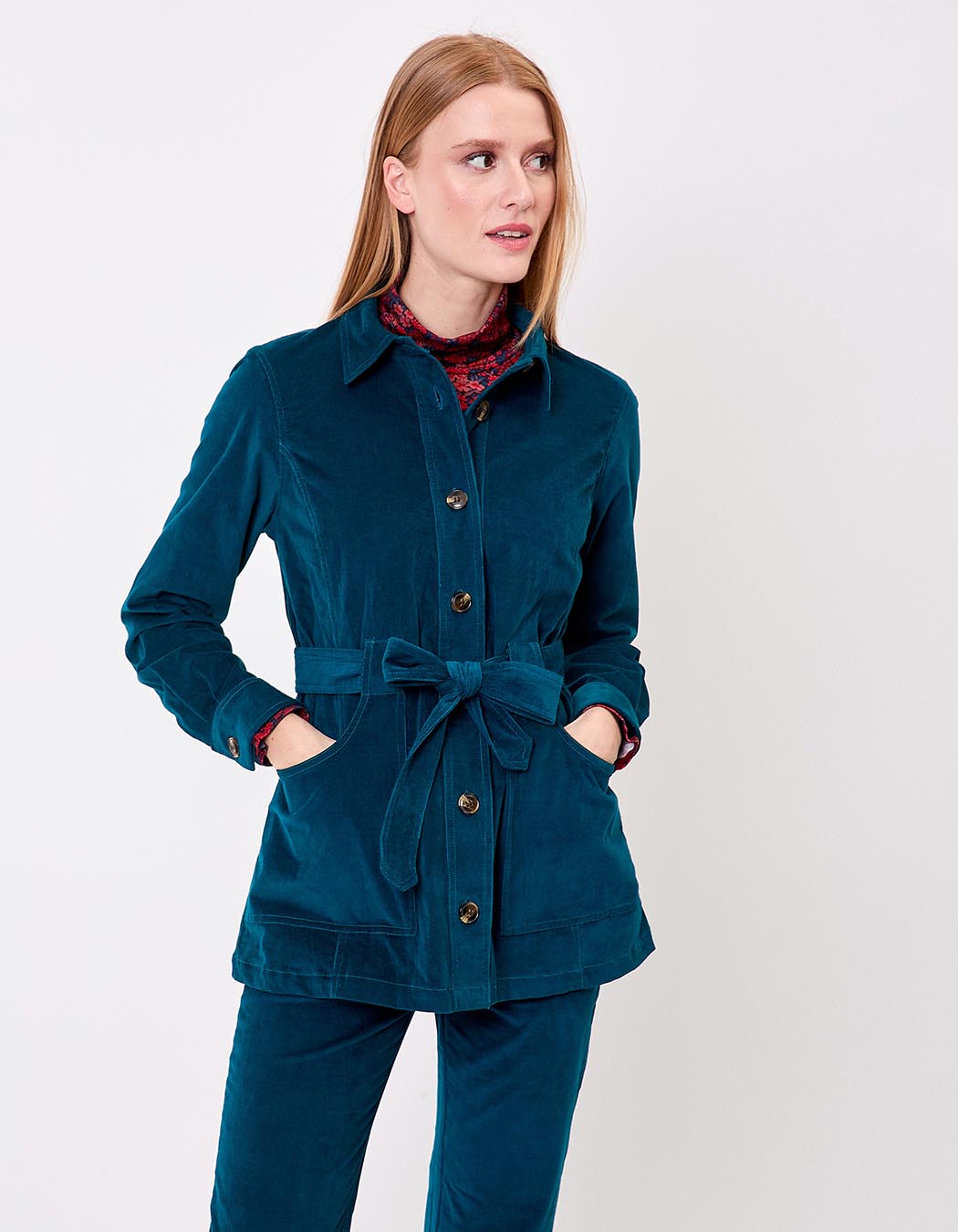 Veste mi-longue ceinturée velours côtelé imprimé Princesse Nomade