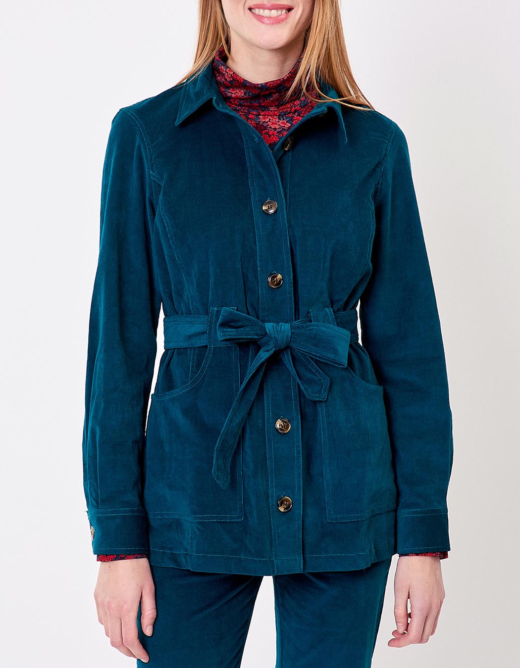 Veste mi-longue ceinturée velours côtelé imprimé Princesse Nomade