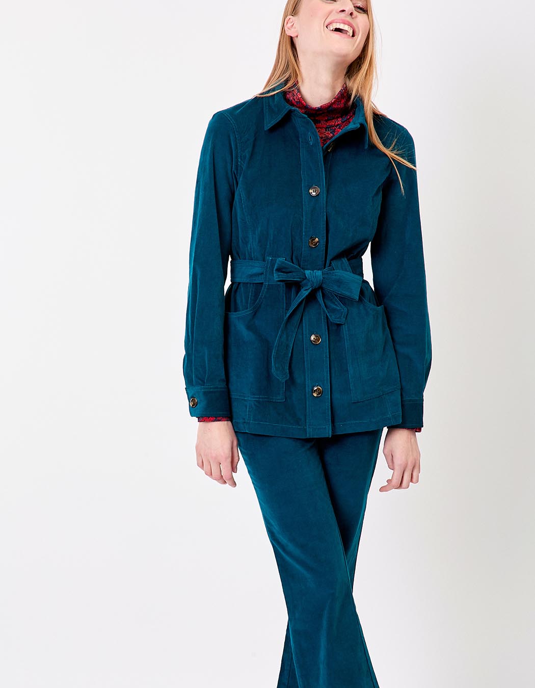 Veste mi-longue ceinturée velours côtelé imprimé Princesse Nomade