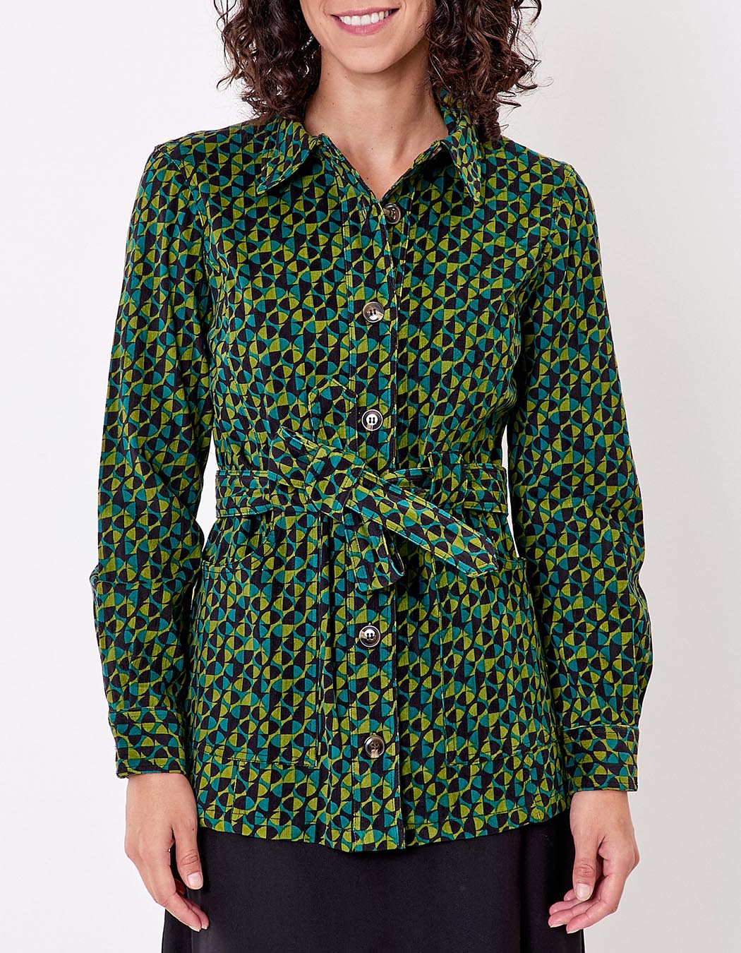 Veste mi-longue ceinturée velours côtelé imprimé Princesse Nomade