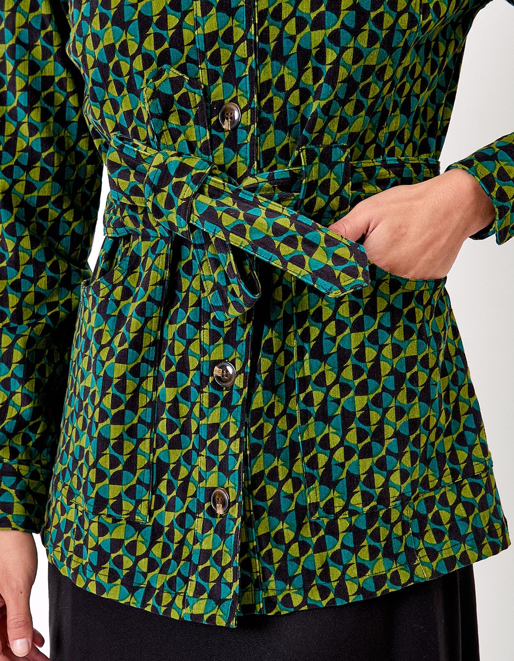 Veste mi-longue ceinturée velours côtelé imprimé Princesse Nomade