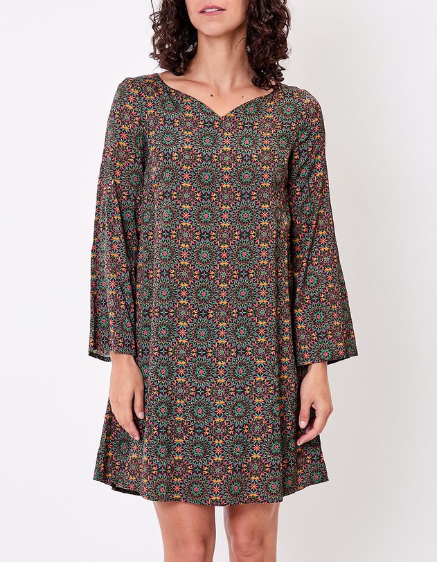 Robe fluide satin&eacute;e trap&egrave;ze imprim&eacute; La Fianc&eacute;e