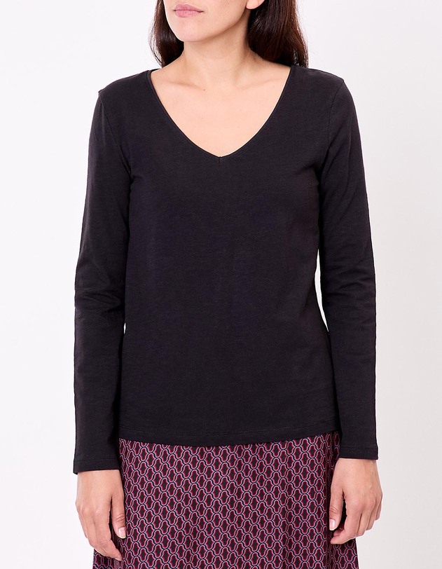 T-shirt uni coton bio col v imprim&eacute; La Fianc&eacute;e