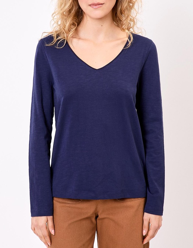 T-shirt uni coton bio col v imprim&eacute; La Fianc&eacute;e