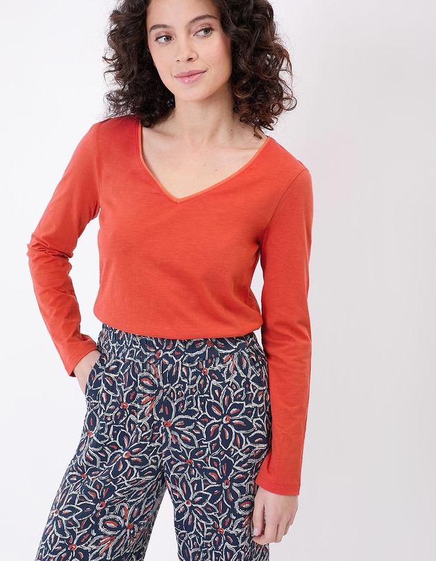 T-shirt uni coton bio col v imprim&eacute; La Fianc&eacute;e