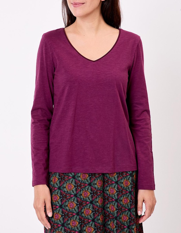 T-shirt uni coton bio col v imprim&eacute; La Fianc&eacute;e