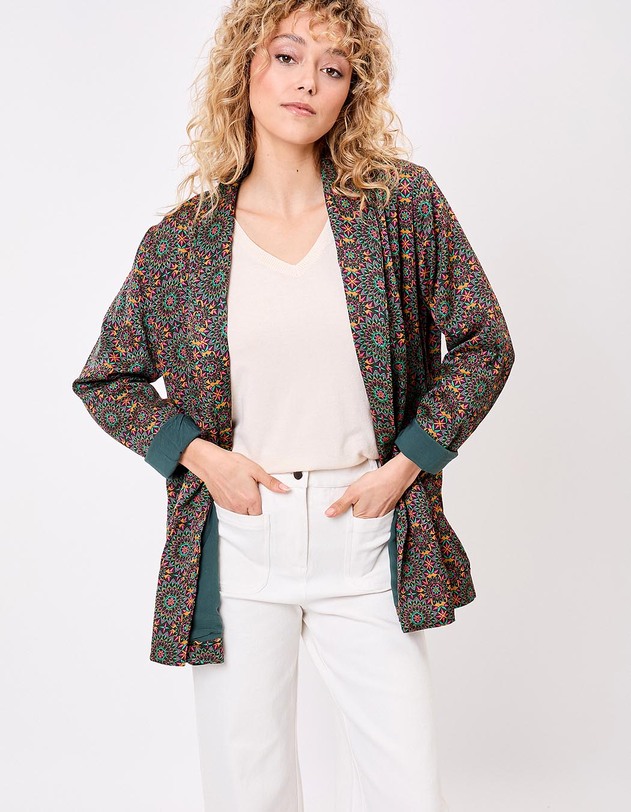 Veste kimono fluide satin&eacute;e imprim&eacute; La Fianc&eacute;e