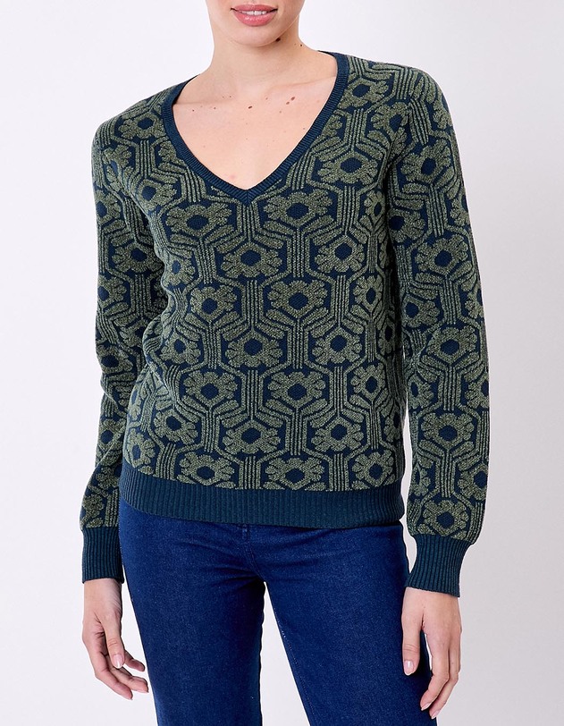 Pull col V maille jacquard imprim&eacute; Princesse Nomade