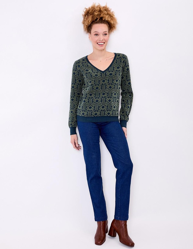 Pull col V maille jacquard imprim&eacute; Princesse Nomade