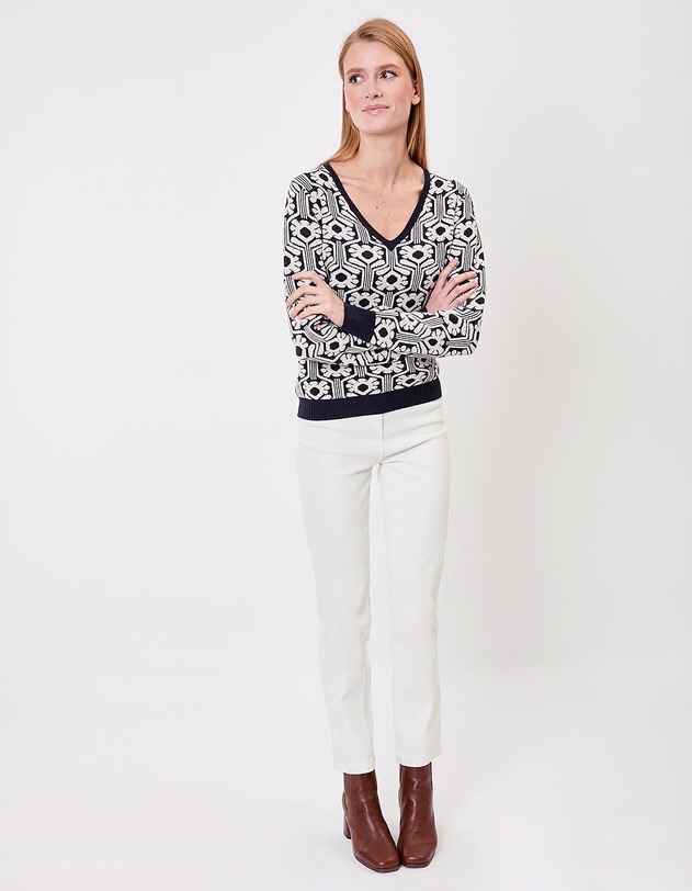 Pull col V maille jacquard imprim&eacute; Princesse Nomade