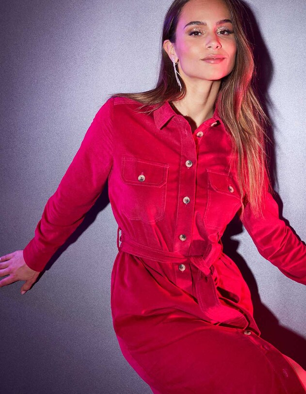 Robe midi chemisier velours c&ocirc;tel&eacute; imprim&eacute; Princesse Nomade