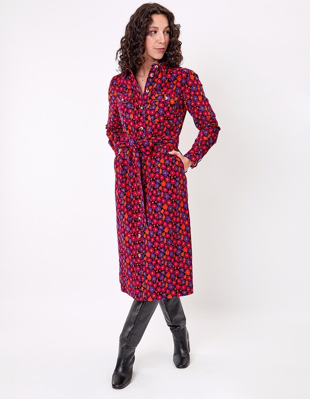 Robe midi chemisier velours c&ocirc;tel&eacute; imprim&eacute; Princesse Nomade