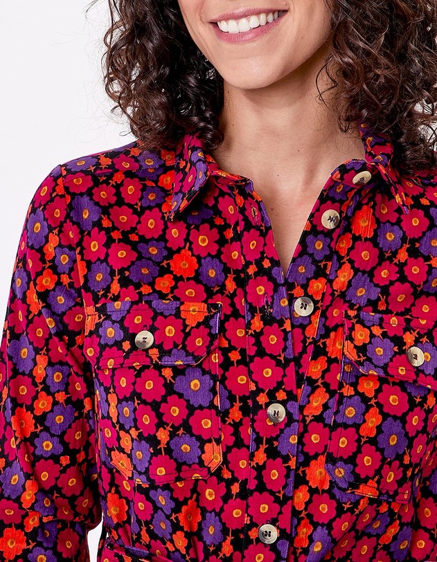 Robe midi chemisier velours c&ocirc;tel&eacute; imprim&eacute; Princesse Nomade