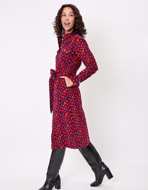 Robe midi chemisier velours c&ocirc;tel&eacute; imprim&eacute; Princesse Nomade