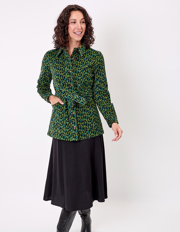 Veste mi-longue ceintur&eacute;e velours c&ocirc;tel&eacute; imprim&eacute; Princesse Nomade