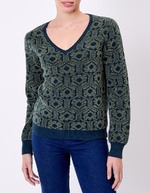 Pull col V maille jacquard imprimé Princesse Nomade