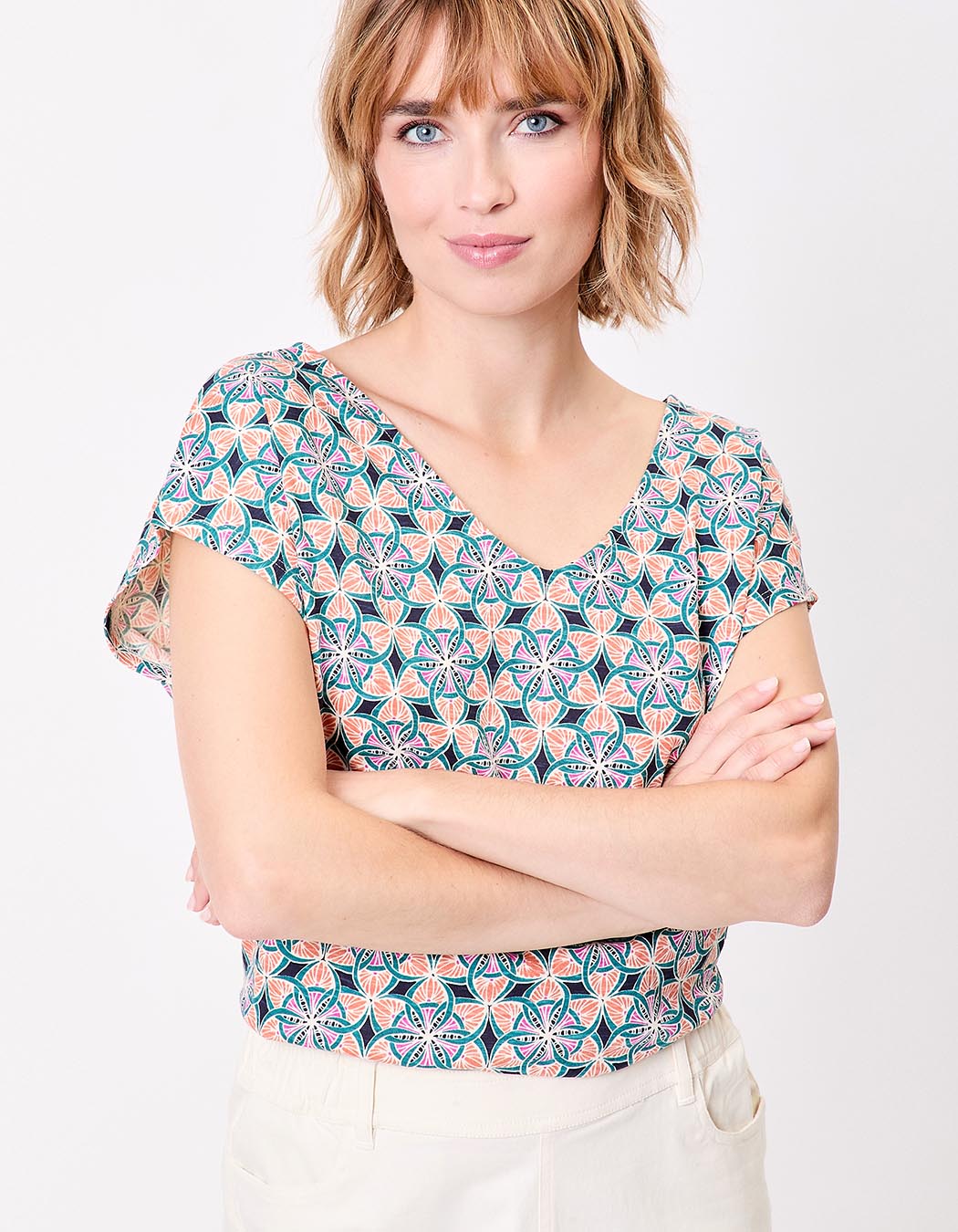 T-shirt coton bio col V imprimé La Fiancée