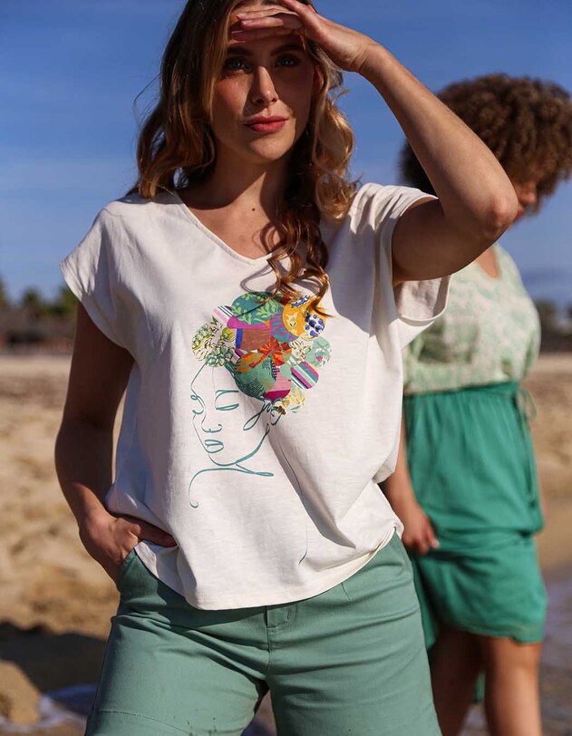 T-shirt coton bio col V imprim&eacute; La Fianc&eacute;e