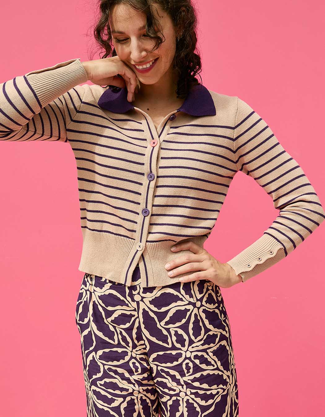 Gilet maille rayures col polo imprimé Princesse Nomade