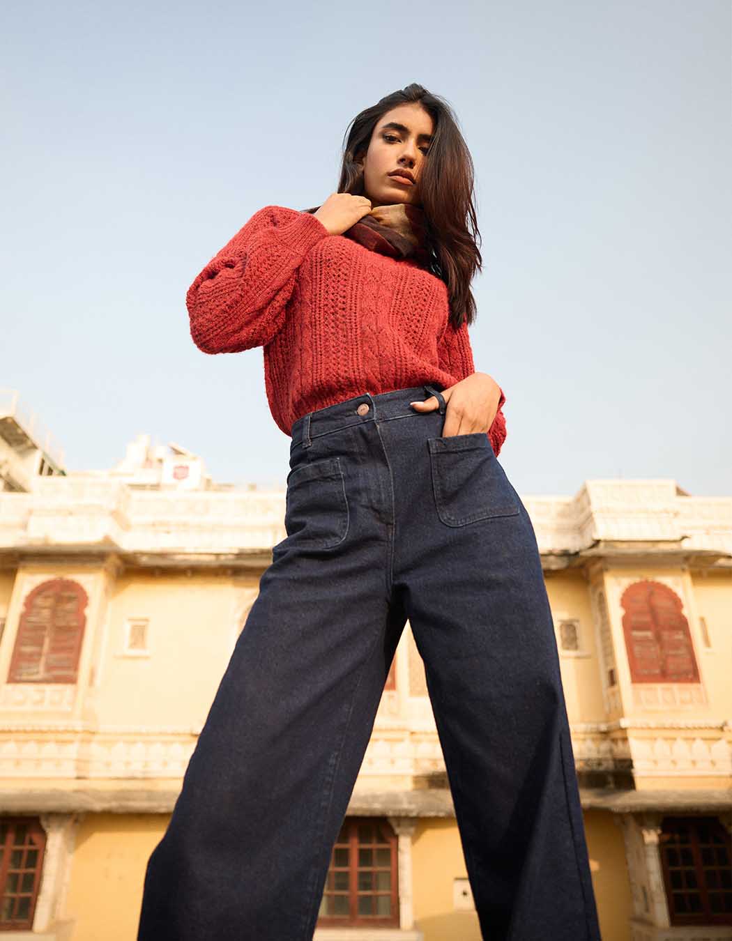 Jean large denim coton stretch imprimé La Fiancée