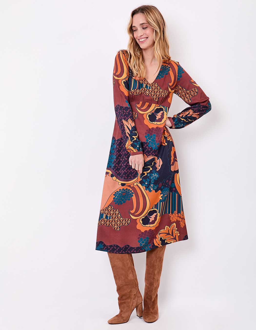 Robe midi fluide col V imprimé La Fiancée
