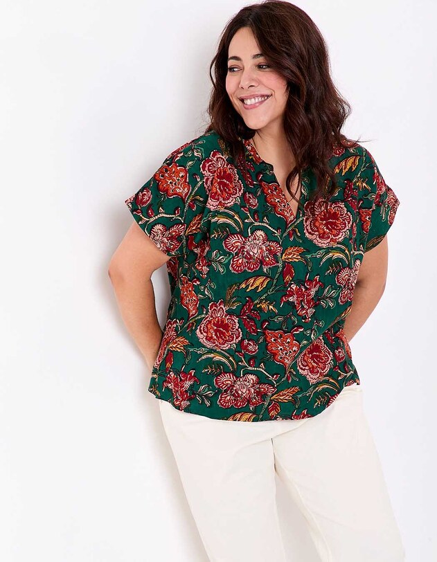 Top fluide col tunisien viscose lin imprim&eacute; La Fianc&eacute;e