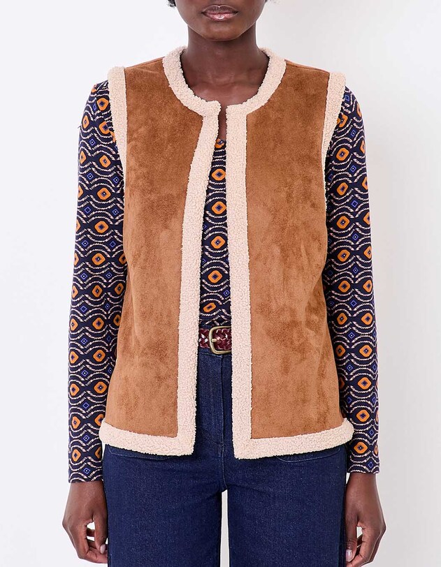 Gilet long sherpa sans manche r&eacute;versible imprim&eacute; La Fianc&eacute;e
