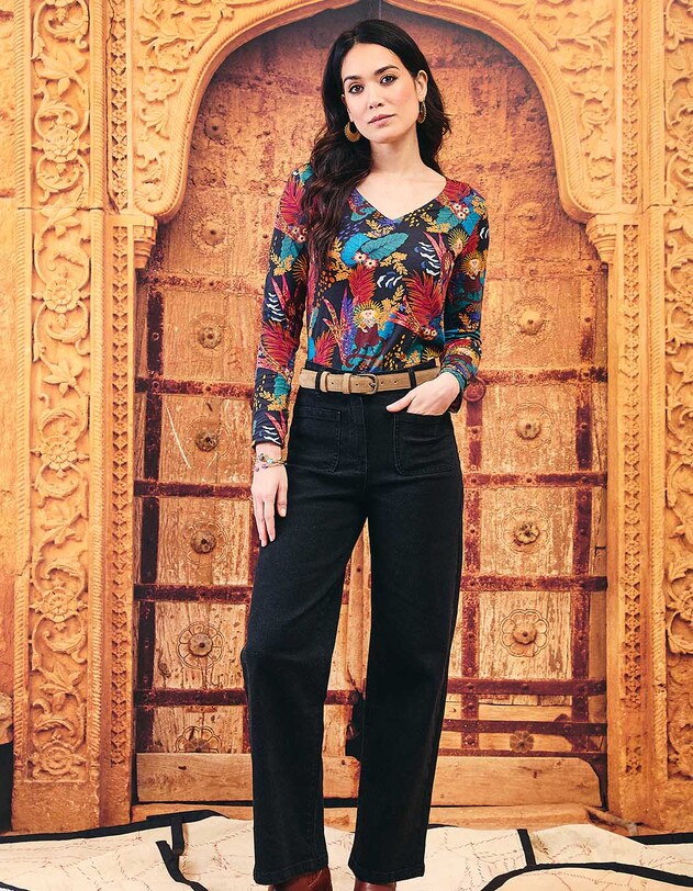 Jean large denim coton stretch imprim&eacute; La Fianc&eacute;e