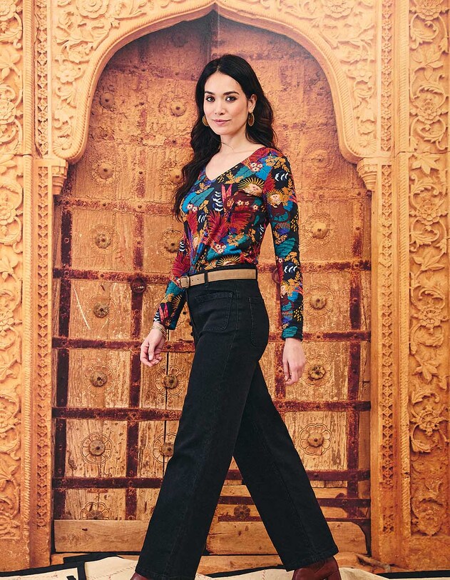 Jean large denim coton stretch imprim&eacute; La Fianc&eacute;e
